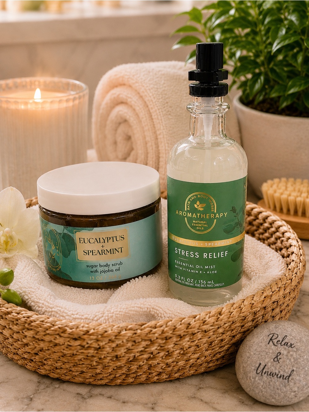 B&BW Eucalyptus Spearmint Stress Relief Bundle | Sugar Scrub & Oil Mist | NIB